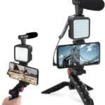 vlogging kit for video making with mic mini tripod stand led light and phone holder clip